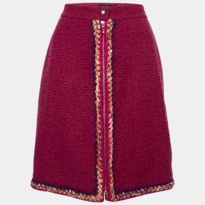 Chanel Burgundy Tweed Braid Trimmed Skirt L