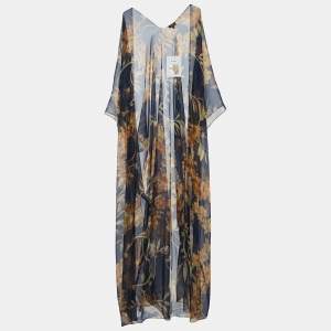 Chanel Navy Blue Floral Print Silk Open Front Coverup Kaftan S