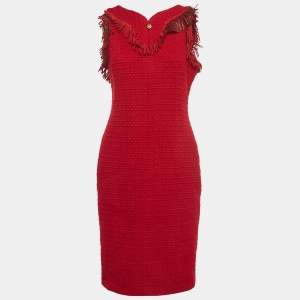 Pre Owned Chanel Red Suede Fringed Tweed Sleeveless Short Dress L