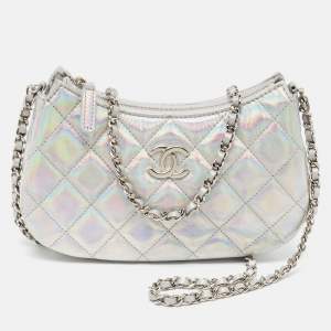 Chanel Silver Iridescent Quilted Patent Leather CC Chain Clutch