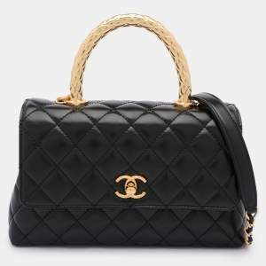 Chanel Black Quilted Leather Small Coco Metal Top Handle Bag