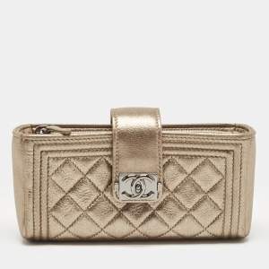 Pre Owned Chanel Gold Quilted Leather Boy Phone Holder Pouch 