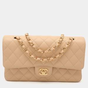Pre Owned Chanel Beige Quilted Caviar Leather Medium Classic Double Flap Bag