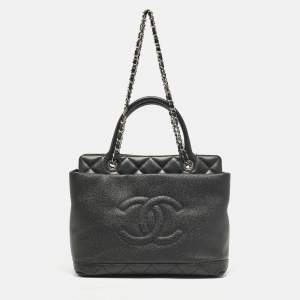 Pre Owned Chanel Black Quilted Caviar Leather CC Chain Tote