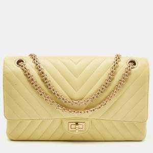 Pre Owned Chanel Yellow Chevron Leather Classic 227 Reissue 2.55 Flap Bag