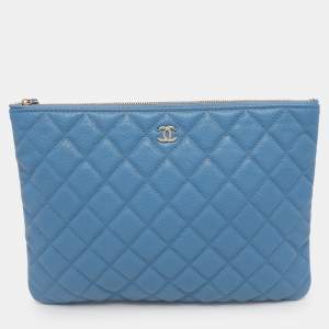 Pre Owned Chanel Blue Quilted Caviar Leather O Case Clutch