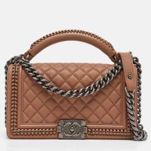 Pre Owned Chanel Beige Quilted Leather Medium Chain Around Boy Top Handle Bag