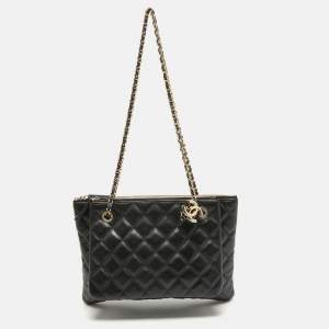 Pre Owned Chanel Black Quilted Leather Double Zip Crossbody Pouch
