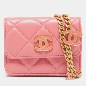 Chanel Pink Quilted Leather CC Charms Card Holder On Chain