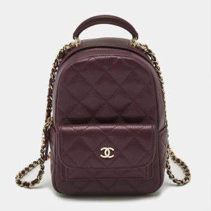 Pre Owned Chanel Burgundy Quilted Caviar Leather Mini CC Classic Backpack