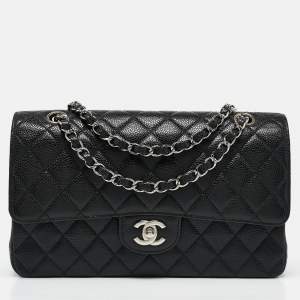 Pre Owned Chanel Black Quilted Caviar Leather Medium Classic Double Flap Bag