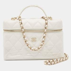 Chanel White Quilted Caviar Leather CC Long Vanity Case Bag