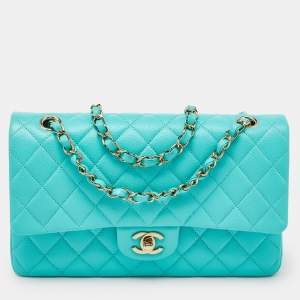 Pre Owned Chanel Green Caviar Quilted Leather Medium Classic Double Flap Bag