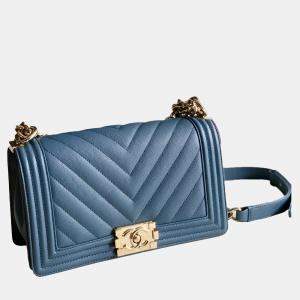 Chanel Blue Leather Quilted  Boy Bag