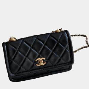 Chanel Black Shiny Lambskin Flap Clutch With Chain 