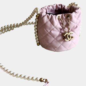 Chanel Light Pink Calfskin Quilted Pearl Mini About Pearls Drawstring Bucket Bag