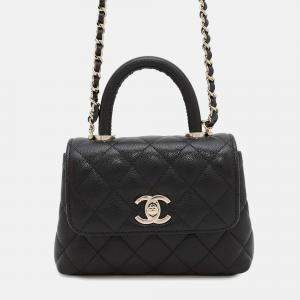 Chanel Matelassé Coco Handle Black Caviar Leather Mini 2Way Hand Bag