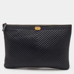 Chanel Black Leather Boy Chevron Large O-Case Zip Pouch
