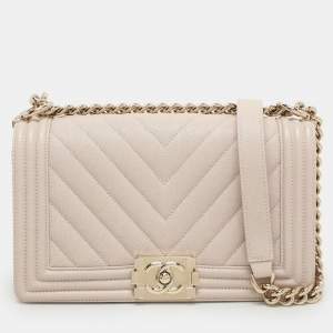 Chanel Beige Chevron Quilted Soft Caviar Leather Medium Boy Flap Bag