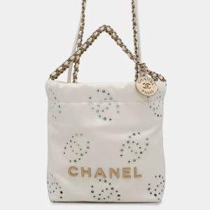 Pre Owned Chanel 22 Mini White Shiny Calf Leather Handbag