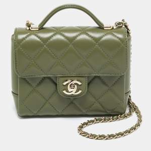 Pre Owned Chanel Green Quilted Leather Mini Flap Top Handle Bag