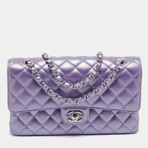 Pre Owned Chanel Metallic Purple Quilted Leather Medium Classic Double Flap Bag