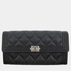 Pre Owned Chanel Boy Chanel Black Caviar Leather Long Flap Wallet