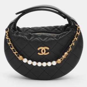 Pre Owned Chanel Black Quilted Caviar Leather Faux Pearl Embellished Pouch Bag