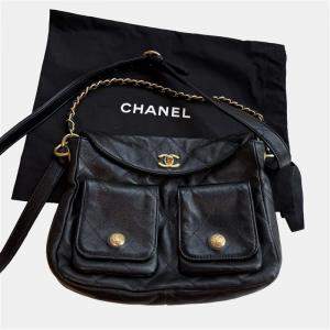 Pre Owned Chanel 24P Black Leather Quilted Messnger Bag
