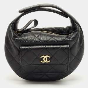 Pre Owned Chanel Black Quilted Caviar Leather Mini Round Hobo