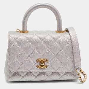 Pre Owned Chanel Pink Iridescent Quilted Caviar Leather Extra Mini Coco Top Handle Bag