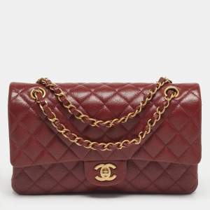 Pre Owned Chanel Red Quilted Caviar Leather Medium Classic Double Flap Bag