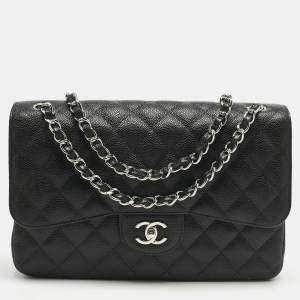 Pre Owned Chanel Black Quilted Caviar Leather Jumbo Classic Double Flap Bag