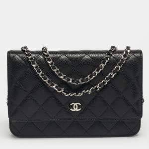 Pre Owned Chanel Black Quilted Caviar Leather Classic Wallet on Chain