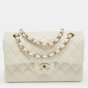 Pre Owned Chanel Off White Quilted Caviar Leather Small Classic Double Flap Bag