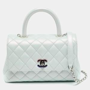 Pre Owned Chanel Blue Iridescent Quilted Caviar Leather Mini Coco Top Handle Bag