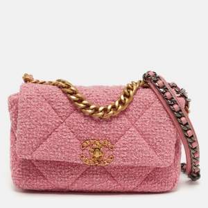 Pre Owned Chanel 19 Small Pink Quilted Tweed Flap Bag