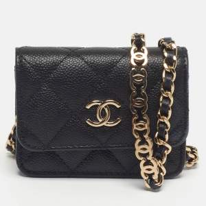 Pre Owned Chanel Classic Micro Black Quilted Caviar Leather CC Flap Bag