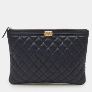 Pre Owned Chanel Boy Medium Blue Quilted Caviar Leather Pouch