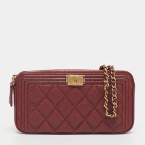Pre Owned Chanel Boy Burgundy Quilted Caviar Leather Chain Clutch