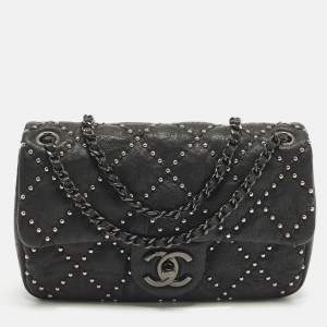 Pre Owned Chanel Small Studded Black Quilted Leather Flap Bag