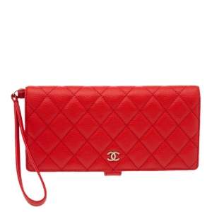Chanel Orange Quilted Caviar Leather Zip Around Wallet Organizer 