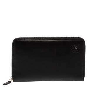Pre Owned Chanel Black Leather Camellia Zip Around Travel Organizer