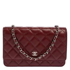 Chanel Dark Red Quilted Caviar Leather Classic Wallet on Chain