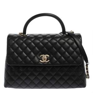 Pre Owned Chanel Black Caviar Leather Maxi Coco Top Handle Bag