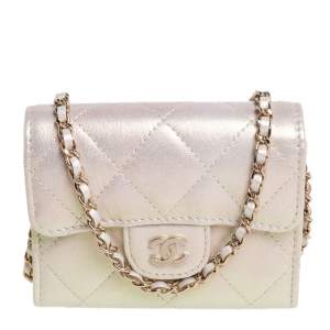Chanel Metallic White Leather Card Holder with Chain