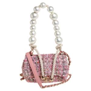 Pre Owned Chanel Pink Tweed Small Pearl Handle Flap Bag