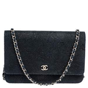 Chanel Navy Blue/Black Lace Overlay Suede Classic Wallet on Chain