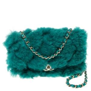 Pre Owned Chanel Green Shearling Fur and Leather New Mini Classic Flap Bag