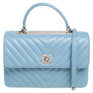 Pre Owned Chanel Blue Chevron Lambskin Leather Trendy CC Medium Top Handle Bag